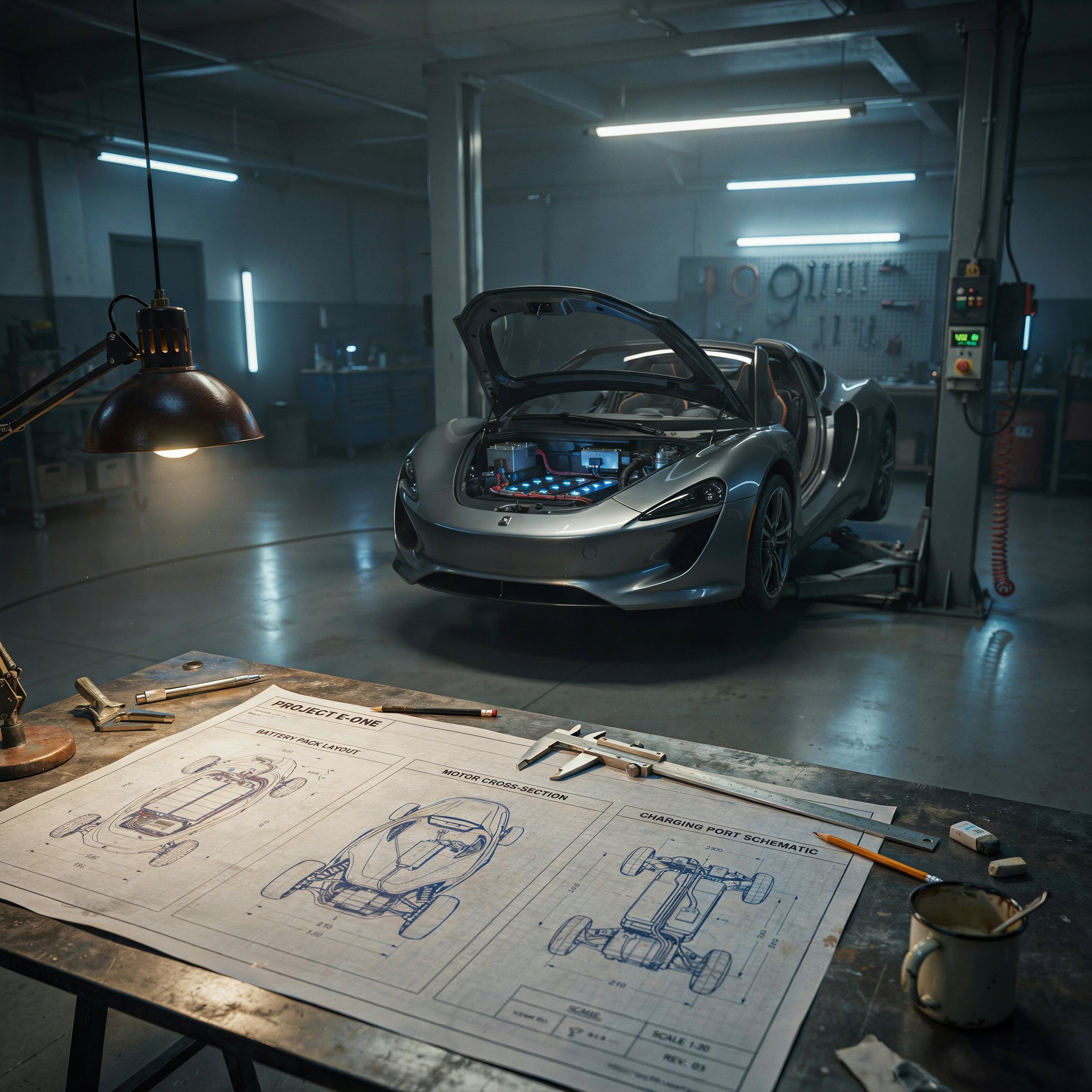Race car blueprints and engineering calipers laid out on a workbench, with a red Mazda Miata being worked on in the background of a dimly lit workshop.